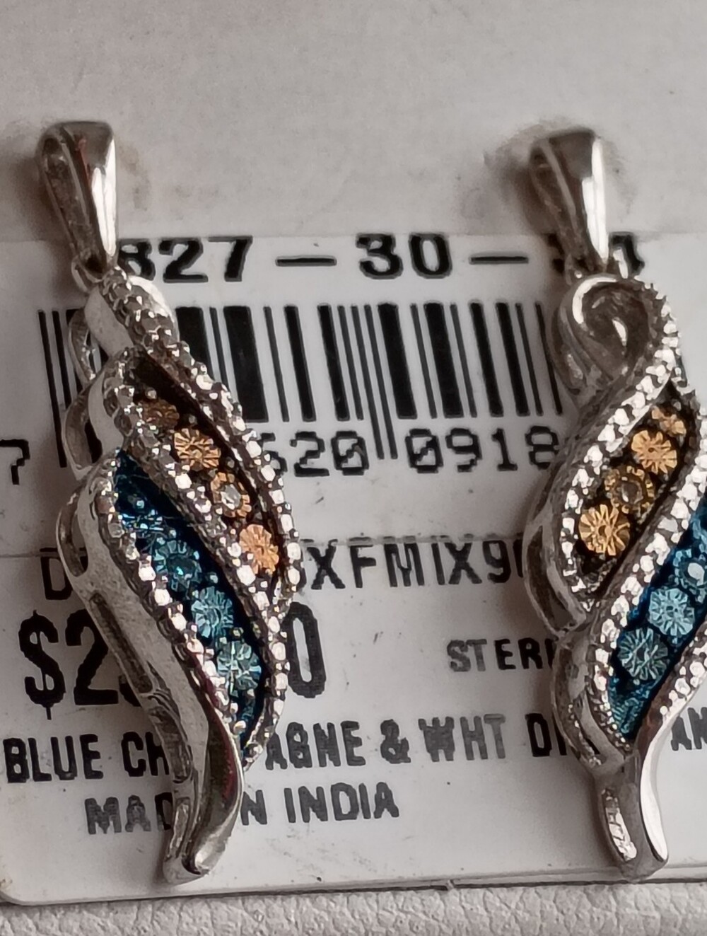 Sterling Silver Earrings With White, Blue and Champagne Diamonds
